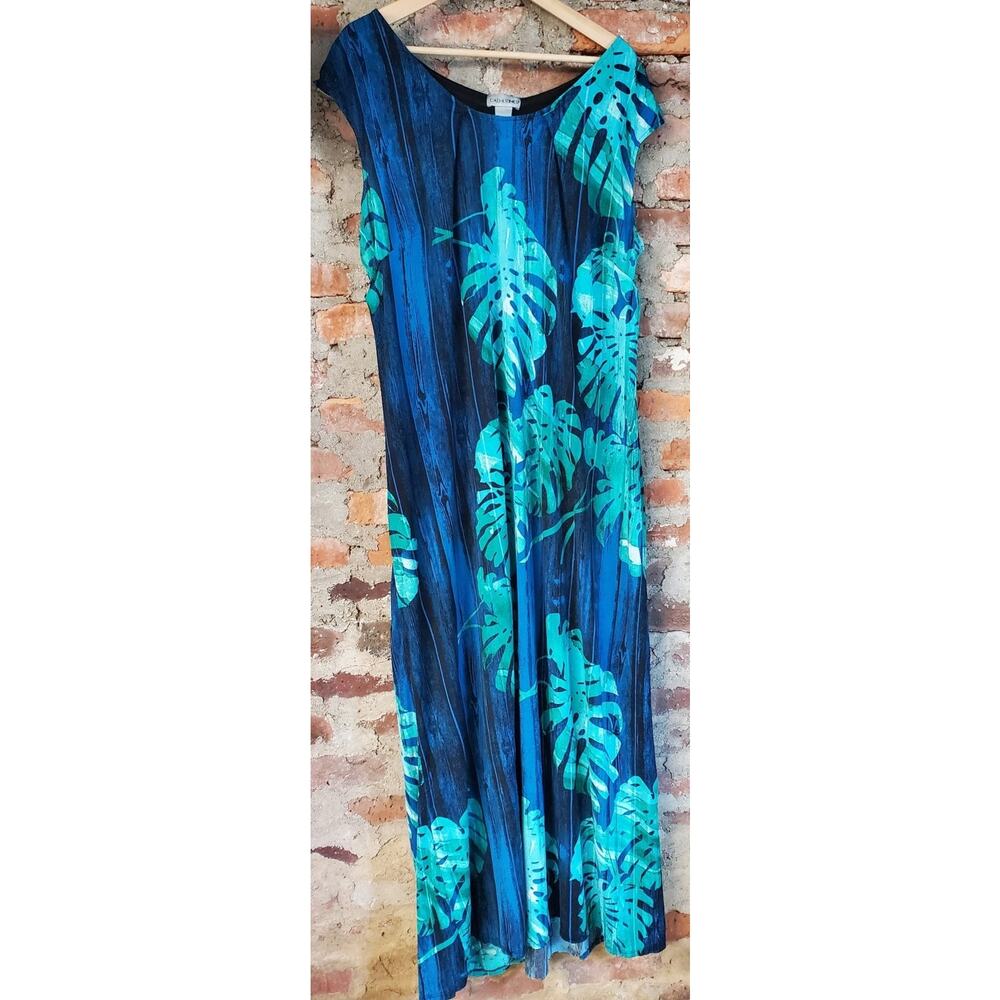 Catherines Womens Plus Size 1X 18W Maxi Dress Blue Tropical Leaf Sleeveless